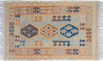 Flat Weave Kilim, Antique, Navaho, Vintage, Handmade, Geometric Kilim Gray Blue Hand-Woven Rectangle 100% Wool Area Rug 3 x 5